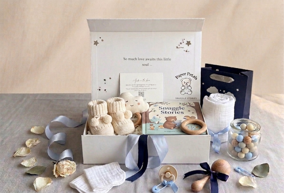Newborn baby gift set with booties, blanket, and other items displayed on a neutral background.